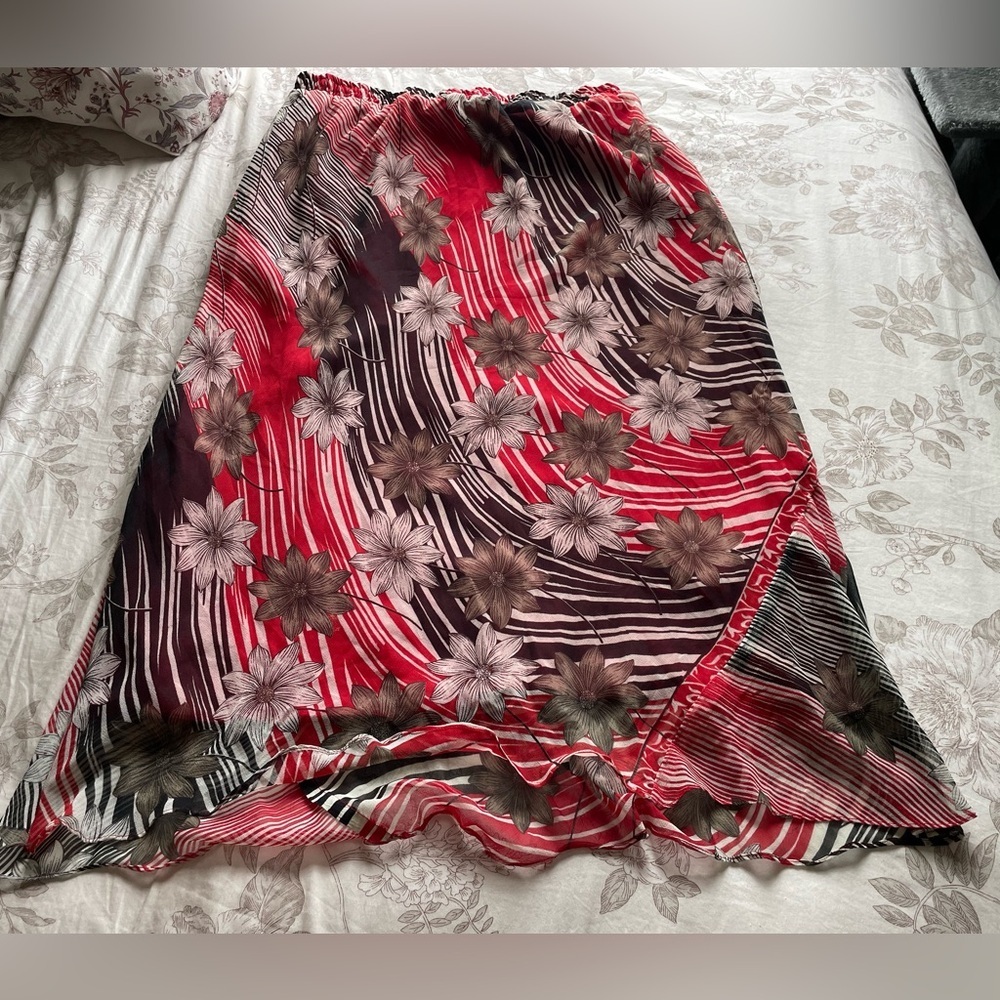 VTG 90s Red Black Floral Oriental Pull On Midi Slip Skirt 3X Whimsigoth Fairy